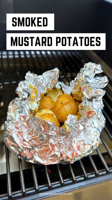 Beer mustard potatoes covered in foil on the smoker. Flavored Mustard Recipes, Yukon Potato Recipes, Mustard Potatoes, Smoked Potatoes, Beer Mustard, Bbq Side Dish, Tailgate Recipes, Bbq Appetizers, Yukon Potatoes