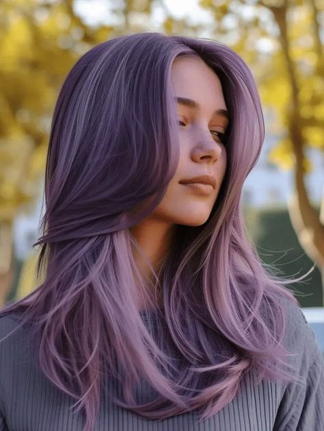 Mauve Purple Hair, Lavender And Dark Brown Hair, Colored Balayage Hair, Faded Purple Hair On Brown, Purple In Hair Subtle, Ashy Purple Hair, Lavender Toned Hair, Muted Lavender Hair, Purple Long Hair