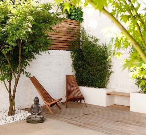 Contemporary patio by Laara Copley-Smith Garden & Landscape Design. Zen retreat. A planter of bamboo and a petite Japanese maple, along with a simple wood-slat trellis and minimalist furniture, create a peaceful space in which to unwind. A palette of white, natural wood, stone and lush greenery helps boost feelings of relaxation. Choose smooth river stones as mulch, and just one meaningful sculpture or icon. London Courtyard, Patio Trees, Contemporary Patio, Bamboo Garden, Walled Garden, Modern Backyard, Contemporary Garden, Garden Landscape Design, Garden Landscape