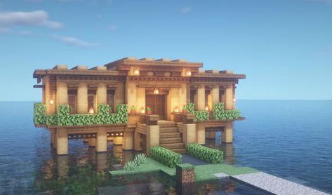 Minecraft Sea House Ideas, Minecraft Houses Island, Lake Base Minecraft, Water House Minecraft Ideas, Minecraft House On Stilts, Minecraft House On Water Ideas, Mc Simple House, Minecraft Lake Cottage, Minecraft House Above Water