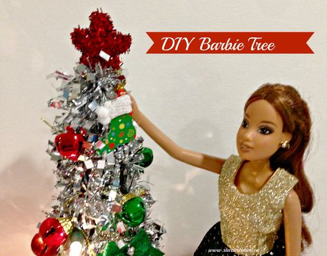 This #DIY #Barbie_doll #Christmas_tree is the perfect #gift package with all the #supplies available at the #Dollar_Store. Your #Barbie #doll enthusiast will love this #interactive, #creative, #affordable and #fun way to spend the #holidays helping Barbie #decorate her own #tree. She'll love the #Christmas_tree_lights and #ornaments and after Christmas Barbie can take the tree down and decorate it again next year! Barbie Christmas Decorations, Pickled Bell Peppers, Barbie Christmas Tree, Doll Christmas Tree, Christmas Decor Diy Cheap, Barbie Christmas, Christmas Tree Images, Barbie Doll Set, Christmas Barbie