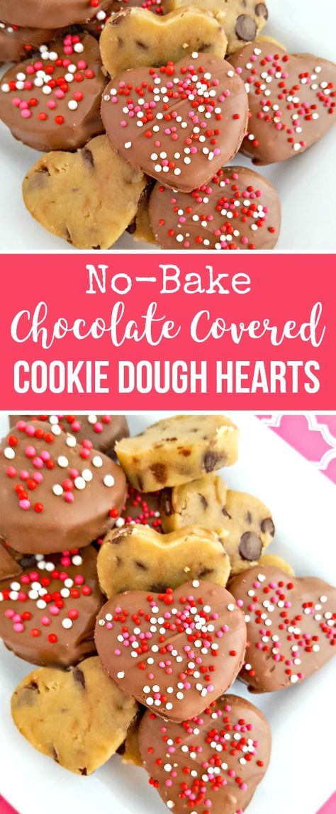 No Bake Valentine Treats, Cookie Dough Hearts, Chocolate Covered Cookie Dough, Cookies Dough, Valentines Treats, Chocolate Covered Cookies, Valentines Baking, Raw Cookie Dough, Chocolate Covered Treats