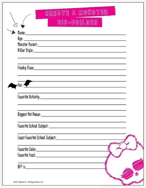 This is a page you can print out for all the little "ghouls" or boys at your daughters Monster High themed party. Its a Monster High Bio Builder, The kids will <3 Love <3 filling out this, Moms or Dads, you might too!! hehe.. =) Monster High Prints, Monster High Templates, This Or That My Type Template, Monster High Notebook, Monster High Journal, Monster High Diary, Monster High Base, Monster Types, Create Your Own Monster