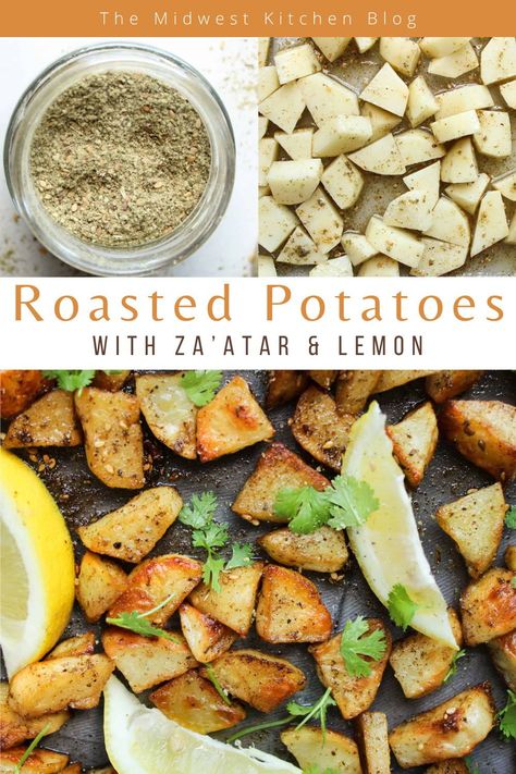 How to roast potatoes with lemon and za'atar. These Middle Eastern-inspired oven-roasted potatoes are crispy with bright lemon flavor and savory za'atar seasoning. They have a hint of spice. These lemon potatoes are made with 6 easy ingredients and only take10 minutes to prep. How To Roast Potatoes, Middle Eastern Recipes Arabic Food, Midwest Kitchen, Lemon Roasted Potatoes, Side Dishes For Fish, Creamy Garlic Mashed Potatoes, Vegetable Side Dishes Healthy, Vegetarian Recipes Dinner Healthy, Steak Side Dishes