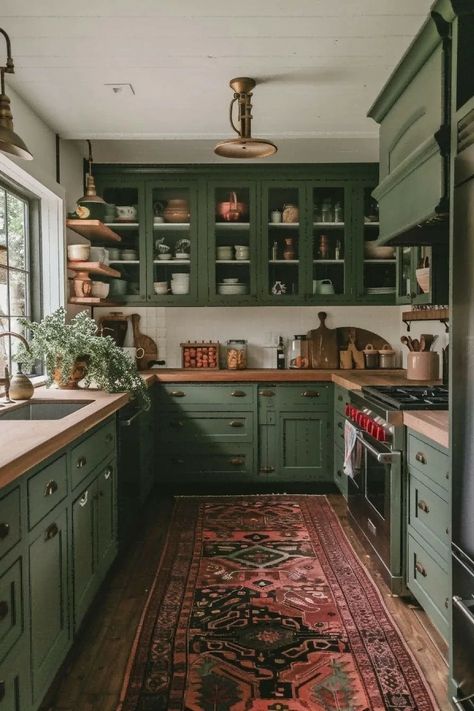 Uncentered Window, Green Kitchen Cabinets With Wood Counter, Cozy Green Kitchen, Small Kitchen Cottage Style, Green Rustic Kitchen, Design Styles, Kitchen Ideas, Green Cottage Kitchen, Olive Kitchen