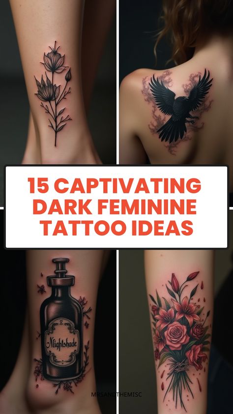 15 Captivating Dark Feminine Tattoo Ideas Tattoo Witchy Aesthetic, Witchy Back Tattoo Women, Herbalist Tattoo Ideas, Spooky Feminine Tattoos, Dark Rose Tattoo Cover Up, 2024 Tattoos For Women, Dark Witchy Tattoos, Dark Cover Up Tattoos For Women, Dark Romance Tattoo Ideas