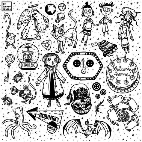 Movie Flash Sheet, Coraline Small Tattoo, Cool Coraline Tattoos, Coraline Aesthetic Tattoo, Mini Coraline Tattoo, Coraline Dog Tattoo, Coraline Stencil, Paranorman Movie Tattoo, Flash Doodles