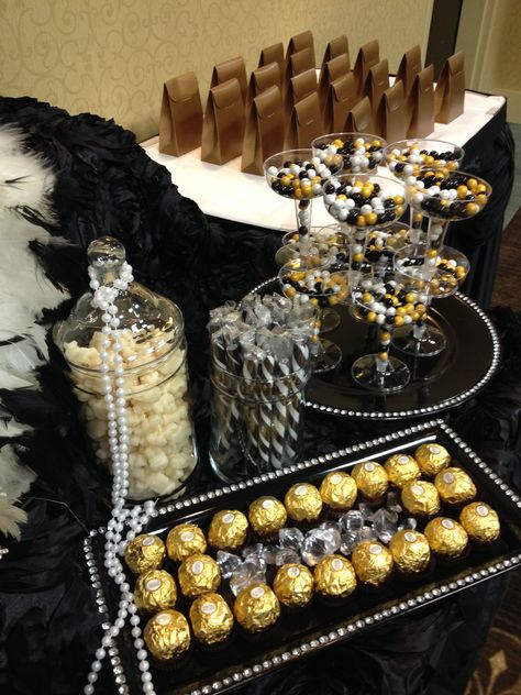 Black And Gold Candy Buffet, Gold And Black Candy Table, Black N Gold Party Ideas, Black And Gold Dessert Table Ideas, Gold Candy Table, Black And Gold Sweet 16, Black Candy Buffet, Gold Decorations, Gold Candy