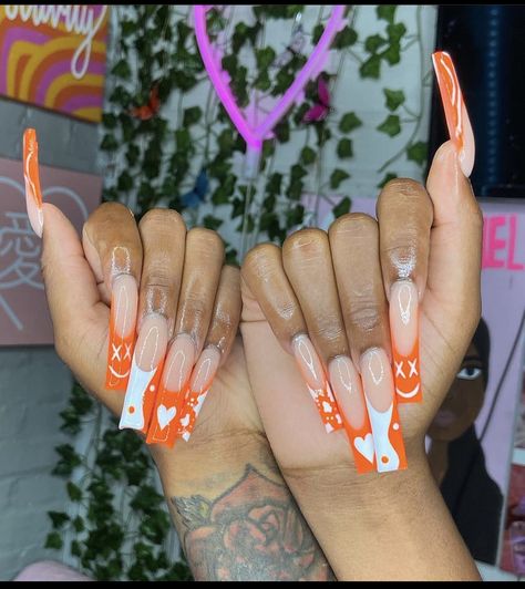 Orange Kaws Nails, Bright Summer Acrylic Nails, Neon Acrylic Nails, Purple Acrylic Nails, Acrylic Toe Nails, Blue Acrylic Nails, Drip Nails, Summer Acrylic Nails, Long Acrylic Nails Coffin