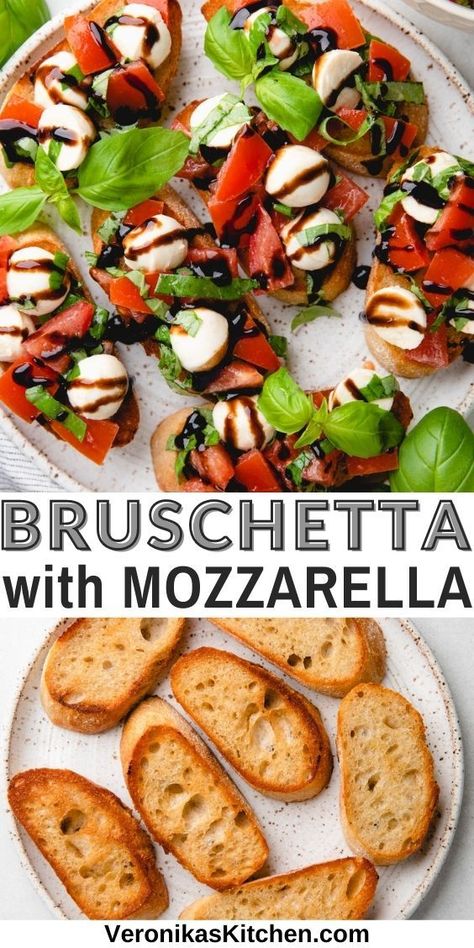 Toasted bread, topped with tomatoes, mozzarella, basil, and balsamic glaze. Bruschetta Mozzarella, Brushetta Appetizers, Bruschetta With Mozzarella, Mozzarella Balls Recipe, Baguette Appetizer, Fresh Mozzarella Recipe, Bruschetta Bites, Mozzarella Appetizers, Caprese Appetizer