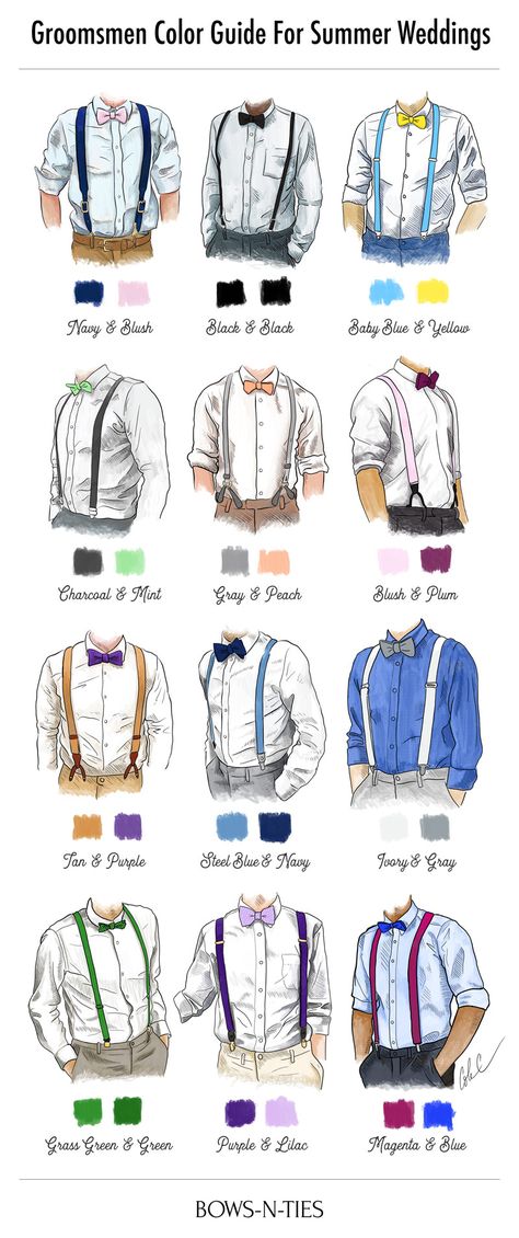 Discover the very best color options for your wedding with this groomsmen guide to pairing bow ties and suspenders in the top summer colors. Groomsmen Colours, Gentlemens Guide, Suspenders Wedding, Bowtie And Suspenders, Suspenders Men, Suits Men, Color Guide, Summer Wedding Colors, Summer Wedding Outfits