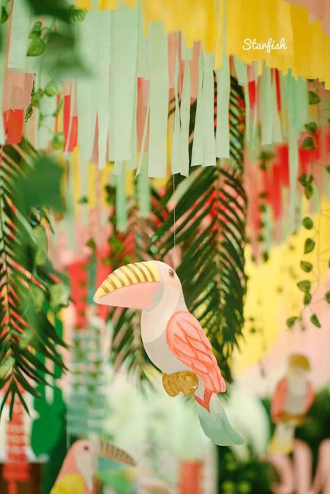 Hanging Tropical Bird from a Tropical Flamingo Birthday Party on Kara's Party Ideas | KarasPartyIdeas.com (6) Tropical Flamingo Birthday Party, Teenager Party, Bird Birthday Parties, Tropical Birthday Party, Tropical Party Decorations, Flamingo Cake, Jungle Theme Birthday, Jungle Birthday Party, Flamingo Birthday Party