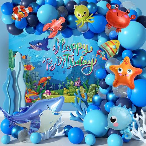 106Pcs Ocean Theme Birthday Decorations Blue Balloons Garland Arch Kit, Under The Sea Backdrop, Ocean Animals Foil Balloons for Pool Party and Beach Party Sea Backdrop, Ocean Theme Birthday, Baby Boy Shower Party, Ocean Theme Party, Fest Temaer, Bawah Air, Ocean Birthday, Small Balloons, Sea Birthday Party