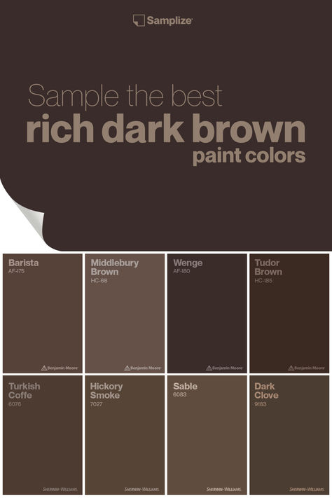 Sample the best rich dark brown paint colors with Samplize! House Exterior Dark Colors Schemes, Brown Grey Paint Color Sherwin Williams, Dark Brown Cabinets Kitchen Paint, Brown Wall Trim, Dark Chocolate Paint Color, Brown Accent Wall Bathroom, Chocolate Exterior House Colors, Behr Dark Truffle, Rich Brown Living Room