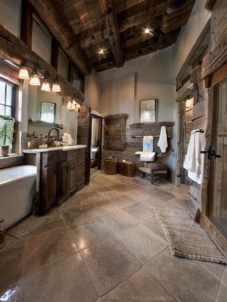 Western House Bathroom, Big Farmhouse Bathroom, Dream Farmhouse Bathroom, Barndominium Ideas Interiors Bathroom, Aesthetic Barndominium, Western House Interior, Rustic Master Bath Ideas, House Ideas Country, Barndominium Bathroom