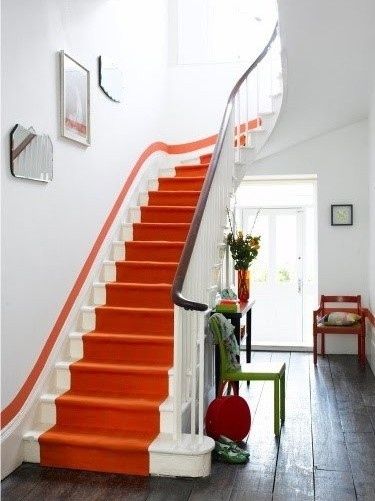 These orange steps that can really get you up in the world. | Community Post: 25 Of The Orangey-Ist Orange Things Striped Stair Runner, Orange Rooms, Painted Stairs, Houses Architecture, Paint Stripes, Orange You Glad, Basement Decor, Stair Runner Carpet, Stairway To Heaven