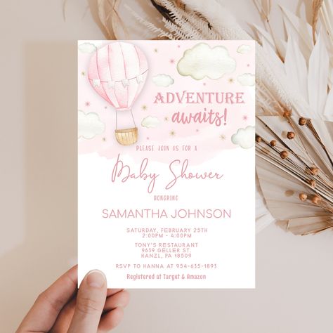 Hot Air Balloon Baby Shower invitation EDITABLE Adventure Awaits Baby Shower Invitation, Balloon invitation PRINTABLE Instant Download, PH1 by SweetPixelPrints on Etsy Hot Air Balloon Invitation, Adventure Awaits Baby Shower, Balloon Invitation, Invitation Printable, Baby Shower Balloons, Invitation Sizes, Baby Shower Theme, Digital Invitation