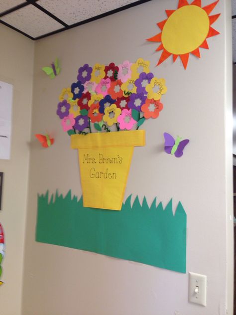 Spring display with student names Classroom Name Board Ideas, Student Names Bulletin Board, Learning Provocations, Preschool Transitions, Elementary Bulletin Boards, Daycare Classroom, Spring Display, Preschool Names, Teacher Bulletin Boards