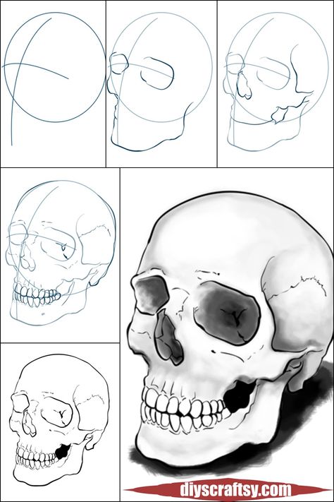 Learn to draw skulls with this easy-to-follow tutorial. Start with a simple circle and make a few faint guidelines that help you place the jawline, teeth, and eye sockets. Next, you'll add shading to create shadows and give your drawing depth. Skull Ideas Drawings, Skull Teeth Drawing, Skull Art Step By Step, Skull Art Tutorial, How To Draw Teeth Step By Step, How To Shade Teeth, How To Add Shadows To A Drawing, Drawing Skulls Sketches, Skull Tutorial Drawing