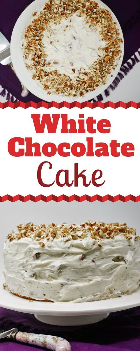 White Chocolate Cake is a moist and tender cake with coconut and pecans that is topped with a creamy white chocolate cream cheese frosting. Top it with more pecans and it's like a white chocolate twist on a German Chocolate Cake. | White German Chocolate Cake | Frosting for White Chocolate Cake | White Chocolate Coconut Pecan Cake | Recipes with Cake Flour | Layer Cake #WhiteChocolate #Cake #Recipes #GermanChocolate #CreamCheeseFrosting White German Chocolate Cake With Cheesecake Center, Cake Recipes With Cake Flour, Recipes With Cake Flour, White German Chocolate Cake, Coconut Pecan Cake Recipe, Pecan Cake Recipes, Chocolate Cake With Cheesecake, Cake And Pudding Recipes, Coconut Pecan Cake