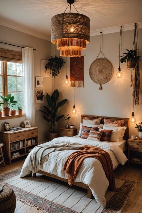 Bedroom Light Academia, Granola Bedroom Aesthetic, Light Boho Bedroom, Cute Cozy Bedroom Ideas, Elegant Boho Bedroom, Boho Aesthetic Bedroom, Modern Tropical Bedroom, Boho Mid Century Modern Bedroom, Boho Western Bedroom