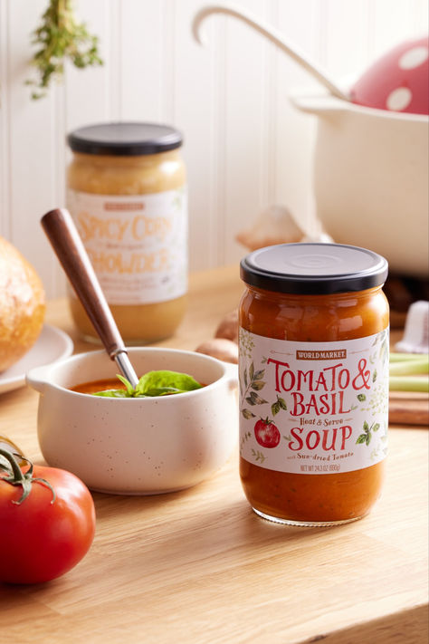 A traditional Italian favorite, our quick and easy World Market® Tomato & Basil Soup is a nourishing comfort food filled with real cream, perfectly ripe tomatoes, and lots of fresh basil. Satisfying in any weather with its creamy blend of classic flavors, this heat-and-serve soup is made with high-quality premium ingredients. It's a homemade-style tomato bisque that's even better served with hearty Tuscan bread or crispy parmesan crackers. #WorldMarket #Soup #FallSoup #EasyDinnerIdeas