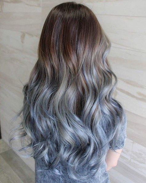 Brown To Pastel Blue Ombre hair                                                                                                                                                                                 More Fashion Color Balayage, Black To Grey Ombre Hair, Grey Hair Extensions, Grey Ombre Hair, Blue Ombre Hair, Brown Ombre Hair, Ombre Hair Extensions, Ombré Hair, Colorful Hair