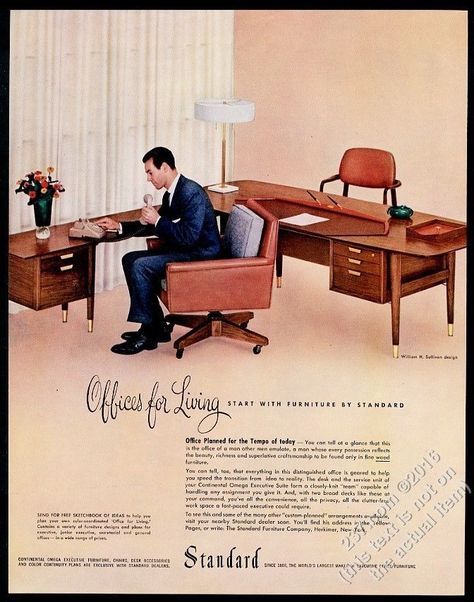 Vintage Office Space, Mcm Office, Vintage Office Furniture, Office Plan, Retro Office, Fabric Combinations, Vintage Office, Retro Home Decor, Print Ad