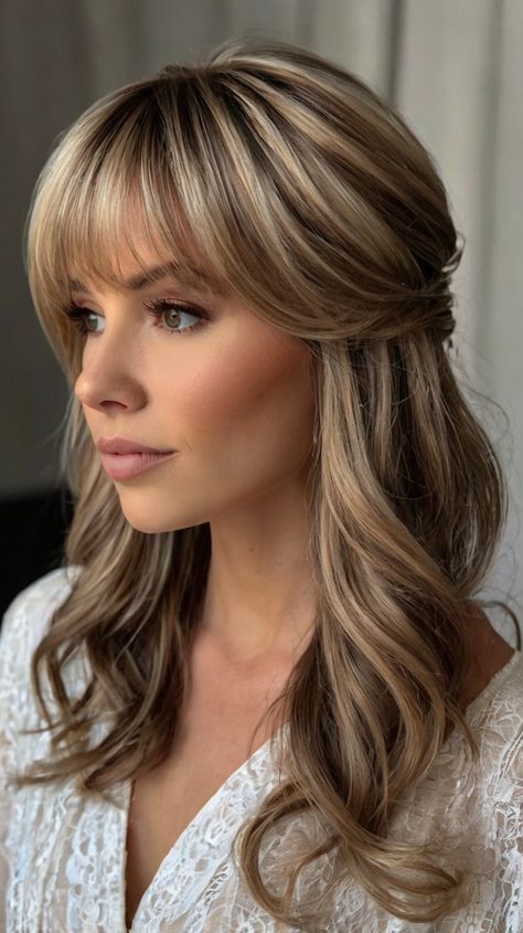 wedding hairstyles down medium length with bangs Textured Medium Length Hair With Bangs, Textured Medium Length Hair, Hairstyles Down Medium Length, Medium Length With Bangs, Medium Length Hair With Bangs, Wedding Hairstyles Half Up Half Down, Hair With Bangs, Medium Length Hair, Half Up Half Down