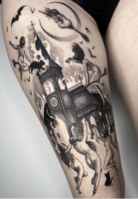 Witches Dancing Around Fire, Dancing Around Fire, Traditional Tattoo Woman Face, Witch Tattoo Ideas, Witches Dancing, Dancing Tattoo, Traditional Tattoo Woman, Upper Thigh Tattoos, Witches Dance