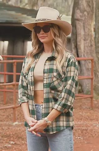 Naomie’s green plaid shirt on Southern Charm Blue Green Plaid Shirt Outfit, Green Check Shirt Outfit, Green Plaid Shirt Outfit, Women's Green Plaid Shirt, Green Plaid Shirt Plus Size, Checked Shirt Outfit, Green Button-up Flannel Shirt, Cowgirl Plaid Shirt, Green Plaid Shirt