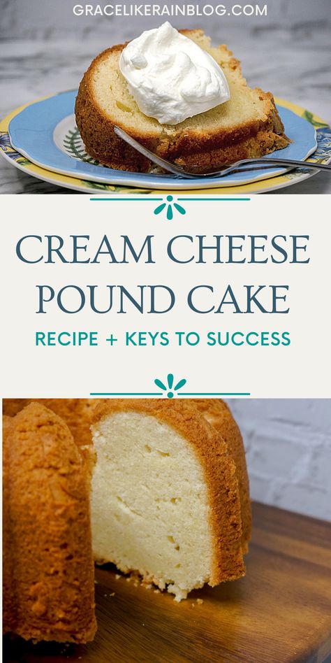 Cream Cheese Pound Cake is a moist and buttery cake made with a pound each of butter, sugar, eggs, and flour. You'll love the tender texture of this pound cake. Everybody should have a fantastic go-to pound cake recipe and this is the one! Peaches And Cream Cheesecake, Fancy Baking, Cream Cheese Pound Cake Recipe, Cheese Pound Cake, Almond Pound Cakes, Food Type, Cream Cheesecake, Measuring Ingredients, Pound Cake Recipe