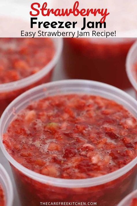 This no-fail Strawberry Freezer Jam recipe is a great way to savor the fresh flavors of summer all year long. There is zero canning required, just 4 simple ingredients. #thecarefreekitchen #strawberries #jam #freezerjam #pectin #preserves #summer Strawberry Freezer Jam Recipe, Strawberry Jam Recipe No Pectin, Blueberry Freezer Jam, Raspberry Freezer Jam, Strawberry Crush, Easy Strawberry Jam, Strawberry Freezer Jam, Freezer Jam Recipes, Strawberry Jam Recipe