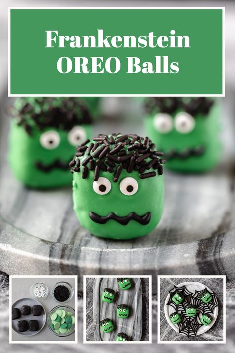 Green Frankenstein OREO balls made with only 4 ingredients. Add this easy recipe to your Halloween party dessert bar or enjoy while watching Halloween movies with the family. Cake Balls Recipe Halloween, Spooky Oreo Balls, Halloween Oreo Truffles, Oreo Balls Halloween, Halloween Birthday Food, Halloween Cake Balls, Halloween Oreo Balls, Oreo Cookie Truffles, Halloween Morning