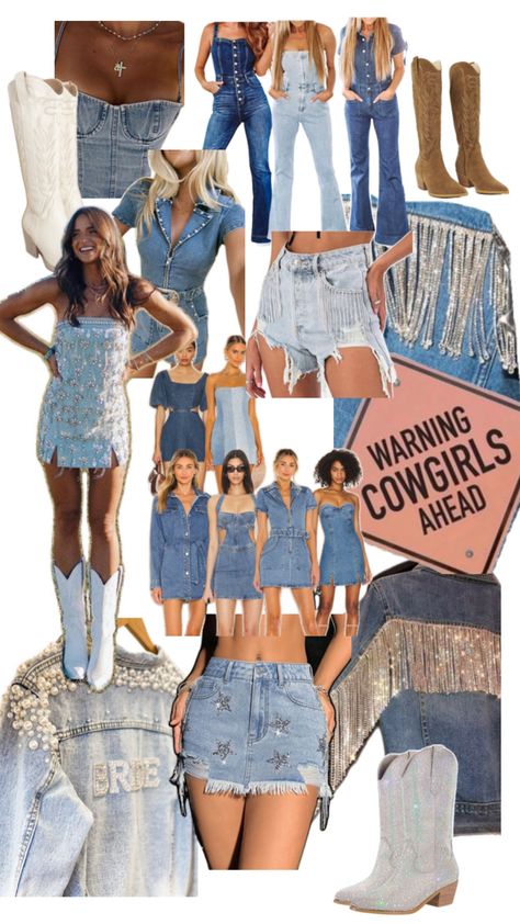 Denim Bachelorette Party, Denim Themed Party Outfit, Western Bachelorette Party Outfits, Denim Cowgirl Outfit, Denim And Diamonds Party Outfit, Bachelorette Party Outfit Themes, Nashville Bachelorette Party Outfit, Cowgirl Bachelorette Party Outfits, Bachelorette Outfit Themes