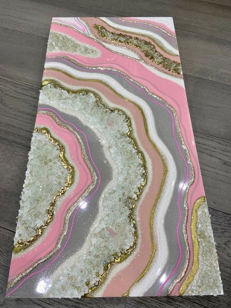 "This Original artwork is 15X30\" Resin Geode wall Art handmade on high quality gallery style wooden panel of depth 1.5 inches. Resin painting colors are Pink, blush pink, white and grey with gold undertone. A beautiful statement piece for modern style home that create a unique decor for any setting. This Geode inspired Resin Painting will give perfect luxury look to any space and will make a beautiful Gift. The artwork is  made with high quality pigments, glitters, glass crystals, original quar Resin Wall Art Home Decor, Resin Geode Wall Art, Crystal Tutorial, Wall Art Resin, Resin Paintings, Geode Painting, Resin Art Canvas, Geode Wall Art, Geode Wall