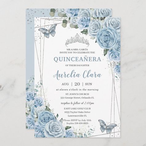 Quinceañera Baby Blue Floral Butterflies 16th Invitation Quinceanera Blue, Baby Blue Quinceanera, Cinderella Invitations, Blue Sweet 16, Invitations Quinceanera, Quinceañera Invitations, Quince Invitations, Blue Quince, Princess Birthday Invitations