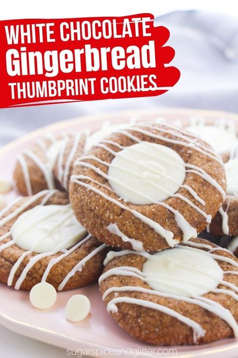 A decadent gingerbread thumbprint cookie with a luscious white chocolate center, these perfectly spiced, soft gingerbread cookies are the ultimate Christmas cookie for your cookie exchange. Gingerbread Thumbprint Cookies, White Chocolate Gingerbread Cookies, Thumbprint Cookies Christmas, Gingerbread Cookie Mix, Thumbprint Cookie, Gingerbread Cookie Dough, Chocolate Thumbprint Cookies, Chocolate Gingerbread, Gingerbread Dough