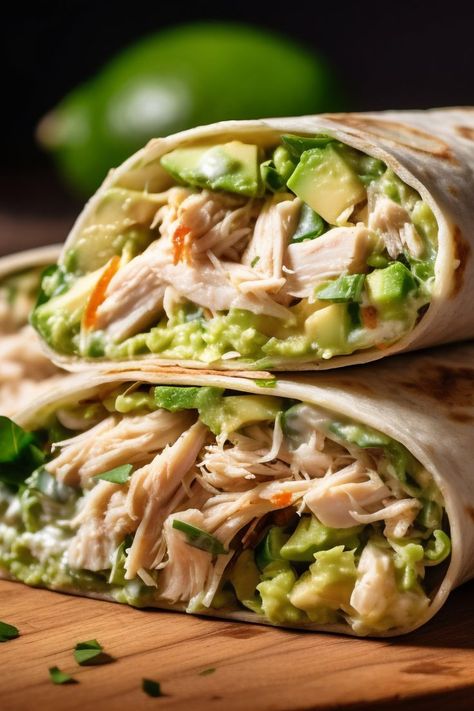 Chicken avocado wraps Chicken Wrap Ideas Healthy, Avocado Lunch Ideas, Avocado Chicken Wrap, Wraps Aesthetic, Avocado Chicken Lettuce Wraps, Meals With Avocado, Avocado Wraps, Chicken Avocado Wrap, Avocado Wrap