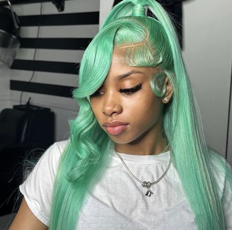 Green Hair Hairstyles, Mint Blue Wigs For Black Women, Mint Wigs For Black Women, 36 Inch Wig, Lace Wig Hairstyles, Mint Green Wig, Pretty Wig, Summer Smash, Wig Design