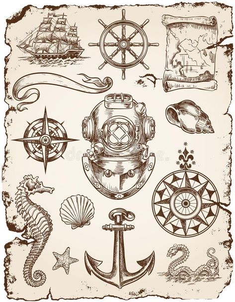 Pirate Boat Tattoo, Vintage Nautical Tattoo, Nautical Drawings, Nautical Drawing, Sailing Tattoo, Ocean Theme Tattoos, Anchor Drawings, Nautical Tattoo Sleeve, Marine Tattoo