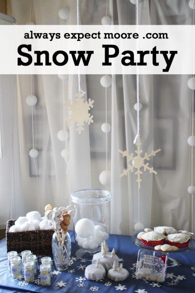 Everything you need for a great snow-themed, winter-themed,or frozen themed party! Decor, food, and activity ideas! Snow Day Theme Party, Snow Day Party, Let It Snow Party Theme, Snow Themed Food, Snow Party Decorations, Snow Themed Party Decorations, Weather Party, Ice Themed Party, Snow Party Ideas