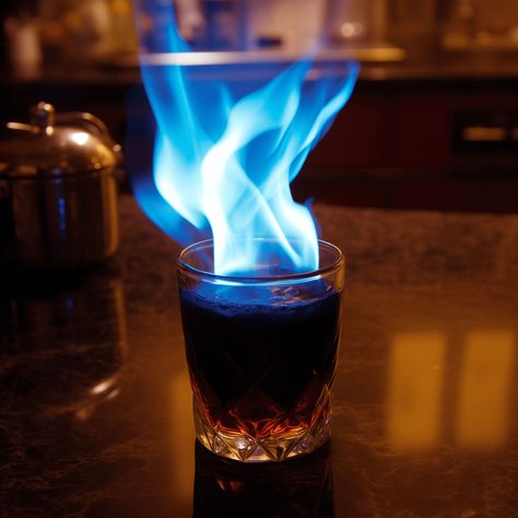 Flaming Blue Jesus Cocktail Recipe - The Flaming Blue Jesus is a potent mix with a complex flavor profile. It's strong and warming, with a peppermint freshness that cuts through the richness of the Southern Comfort and the sharpness of the vodka and tequila. The fiery element adds a smoky note if you let it burn just a bit before blowing it out. Flaming Cocktails Drink Recipes, Flaming Drinks Cocktails, Blue Rum Cocktails, Flaming Shots, Flaming Cocktails, Butterfly Cannon Blue Tequila Recipes, Flaming Drinks, Flaming Dr Pepper, Flaming Volcano