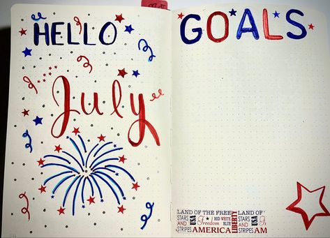 Front Bullet Journal cover for the month of July and Goals page. July Bullet Journal Cover, Bullet Journal Dividers, July Bullet Journal, Bullet Journal Cover, Goals Bullet Journal, Journal Notes, Bullet Journal Notes, Month Of July, Journal Inspo