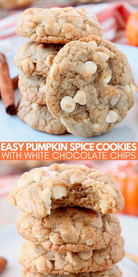 Homemade Cookie Recipe, Pumpkin Spice Cookie Recipe, Cookies With White Chocolate Chips, Cookies With White Chocolate, Caramel Dessert Recipes, Fall Cookie Recipes, Truffle Cookies, Pumpkin Cookie Recipe, Homemade Cookie