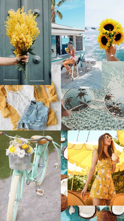 I said in the intake that I did not like yellow, but I do like how it pops against the green and blues in this board Kurti Variation, Mood Board Yellow, April Mood Board, Summer Phone Wallpaper, Summer Mood Board, Summer Phone, Mood Vibes, Mood Colors, Color Trends Fashion