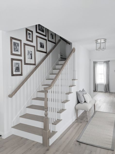 Half Open Staircase Ideas, White And Grey Staircase, Grey And White Staircase, Gray Staircase, Grey Staircase, Staircases Ideas, Painted Stair Railings, Railing Makeover, Kitchen Cabinets Decor Ideas