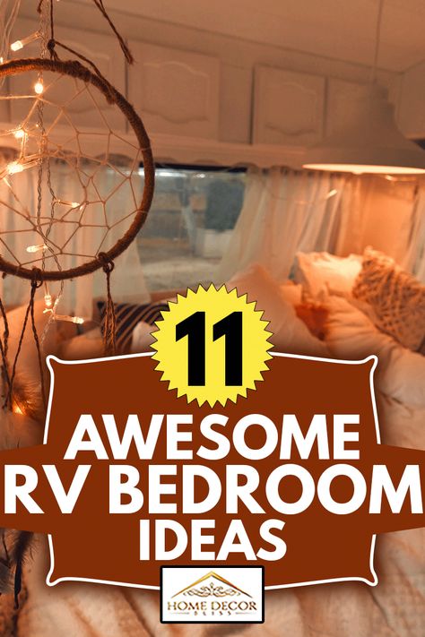 RV Bedroom Ideas: Spacious and Cozy Motor Home Bedroom Design Boho Camper Bedroom Ideas, Rv Bedroom Curtain Ideas, Romantic Rv Bedroom, Boho Rv Bedroom Ideas, Fifth Wheel Bedroom Ideas, Rv Bed Headboard Ideas, Rv Lights Interiors, Small Rv Bedroom Ideas, Rv Interior Lighting Ideas