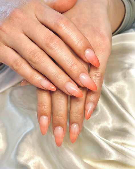 Nails For Peach Dress, Terracotta Ombre Nails, Coral Jelly Nails, Peach Fuzz Nail Color, Peach Coral Nails, Ombre Nails Peach, Peach Fuzz Nails, Peach Ombre Nails, Coral Acrylic Nails