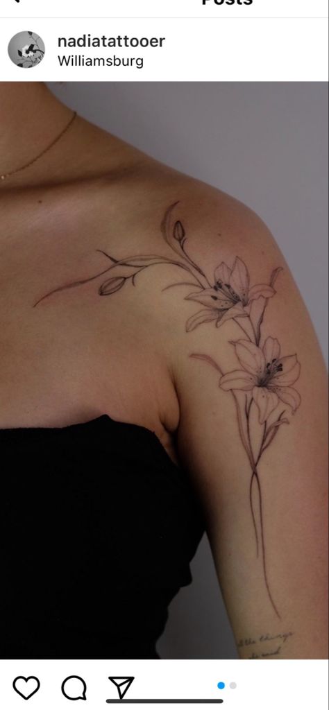 Floral Tattoo Design With Hummingbird, Lily Wrap Around Wrist Tattoo, Hibiscus Flower Wrap Around Tattoo, Lily Tattoo Design Shoulder, Tigerlily Flower Tattoo, Floral Wrap Around Tattoo Shoulder, Fine Shoulder Tattoo, Tiger Lily Tattoo On Back, Tiger Lily Sleeve Tattoo